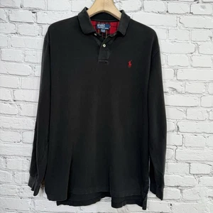 Vintage Polo Ralph Lauren Black Long Sleeve Rugby Polo XL Tartan Lining 90s Rare - Picture 1 of 17