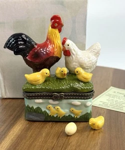 Porcelain Hinged Trinket Box Chicken Rooster & Chicks Egg Farm Country - Picture 1 of 11
