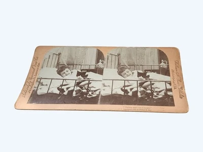 Antiguo Stereoview 1893 "Tabby And I Its Chums" por William H. Rau gato con niña Foto 1 de 3