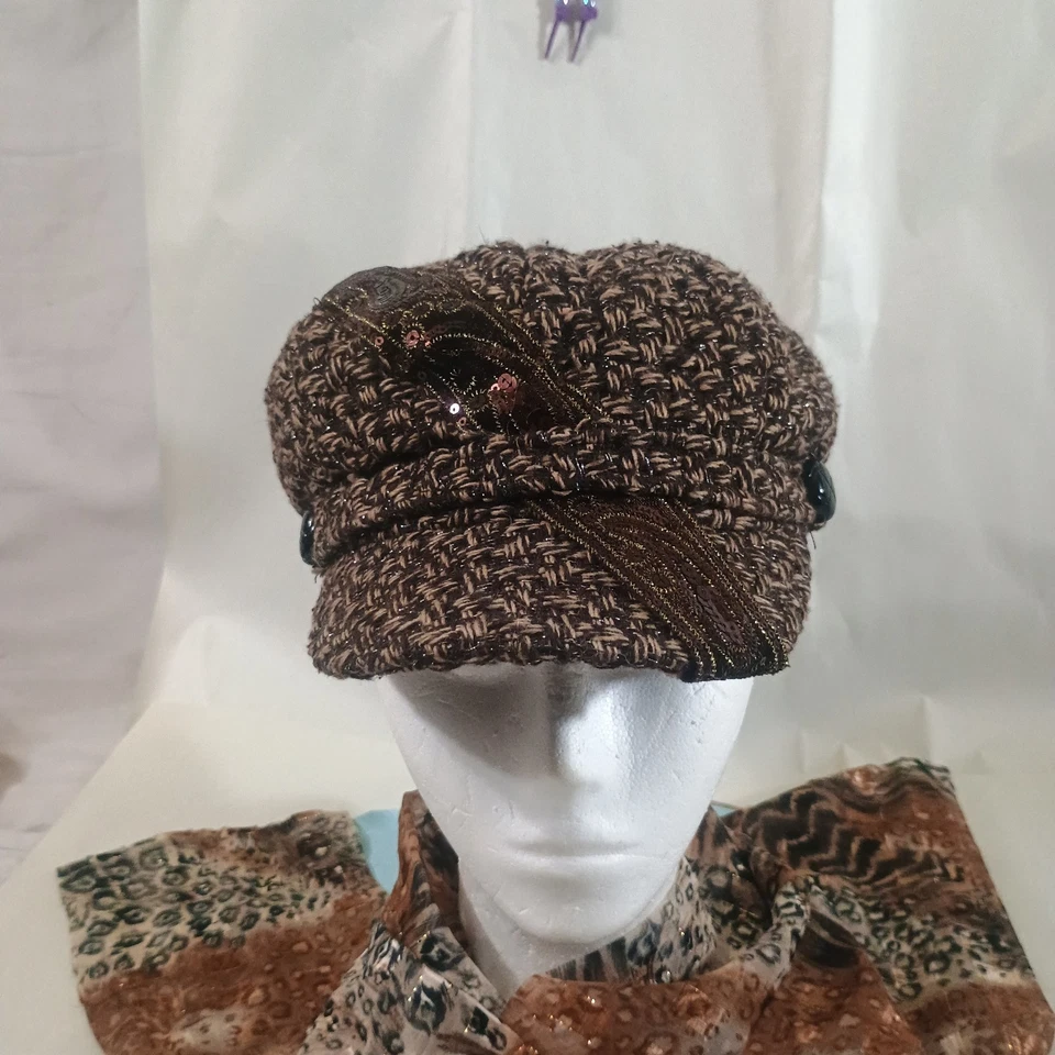 Винтажная волшебная женская шляпа таксист газетчик коричневый твид богемное шик вышитый акцент  - Изображение 1 из 4