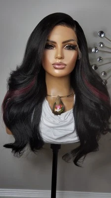 New Long Curly Style Black Red Highlight Hair Y Part Lace Front Wig Women Wigs - Image 1 of 4