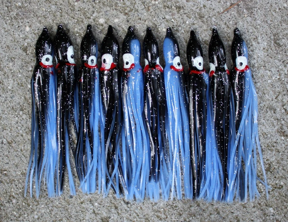 CUSTOM OFFSHORE TACKLE Lot Of 10 Hoochie Squid Skirts Un Rigged Fishing Lures 4 3/4" - Black/Lilac