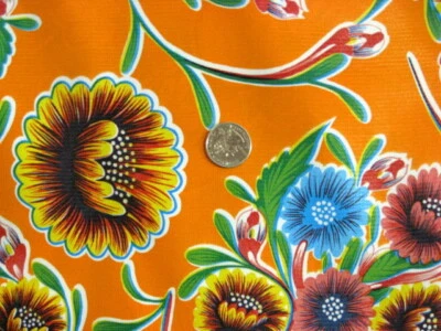ORANGE BLOOM FLORAL VINYL OILCLOTH TABLECLOTHS DINING PATIO 6 SIZES 48x48-108 - Image 1 of 3