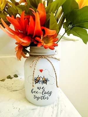 Cute Country Style Opaque Vase/Jar – "We Bee-long Together" Bumblebee Design - Image 1 of 3