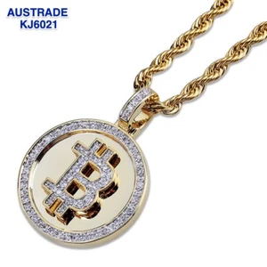 Iced Out Copper Brass with Zircon Bitcoin Pendants Necklace 3mm 60cm Rope Chain - Picture 1 of 7
