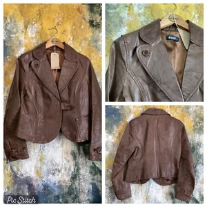 WOMENS LEATHER JACKET SIZE 10 BROWN VINTAGE BLAZER UNIQUE WORN ON BRITISH FILM - Picture 1 of 5