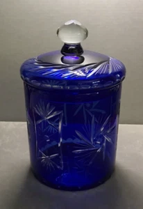 Vintage Cut to Clear Blue Crystal Lidded Cookie Jar Biscuit Jar Made in Romania - Picture 1 of 10
