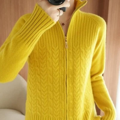 Cardigã feminino gola alta zíper cashmere malha desleixado solto suéter jumper - Imagem 1 de 4