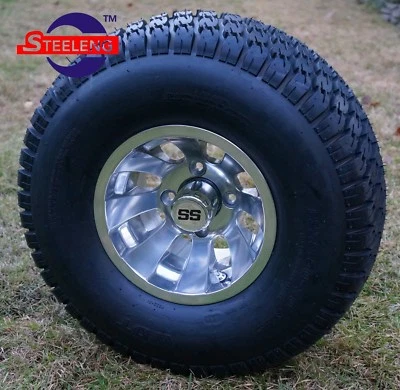 GOLF CART 10x7 POLISHED SILVER BULLET WHEELS and 22x9.5-10 TURF/STREET TIRES(4)  Foto 1 de 4