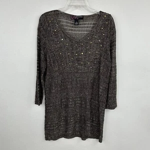 Peck & Peck Tunic Womens sz XL Embellished Brown Metallic Crochet 3/4 Sleeve - Picture 1 of 12