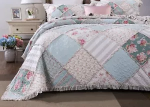 DaDa Bedding Cottage Mint Floral Pastel Cotton Patchwork Bedspread Quilt Set - Picture 1 of 16