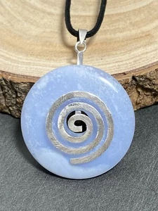 Chalcedon blau Donut 40mm mit Silber Halter Anhänger mit Band - Bild 1 von 6