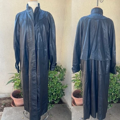 Vtg Black Leather Trench Coat Maxi Lined Pockets Sz M Pano Sereti - Image 1 of 4