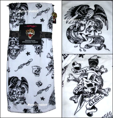 Ed Hardy Skull Tiger 纹身 毛绒毛毯 聚酯纤维 60 x 70 白色 - 全新 — 第 1/4 张图片