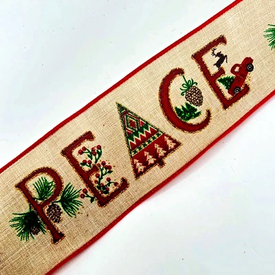 Cinta Navidad Rústica Roja 2.5" por 2 yardas Beige Con Cable PAZ Oro Brillo Acento Foto 1 de 4