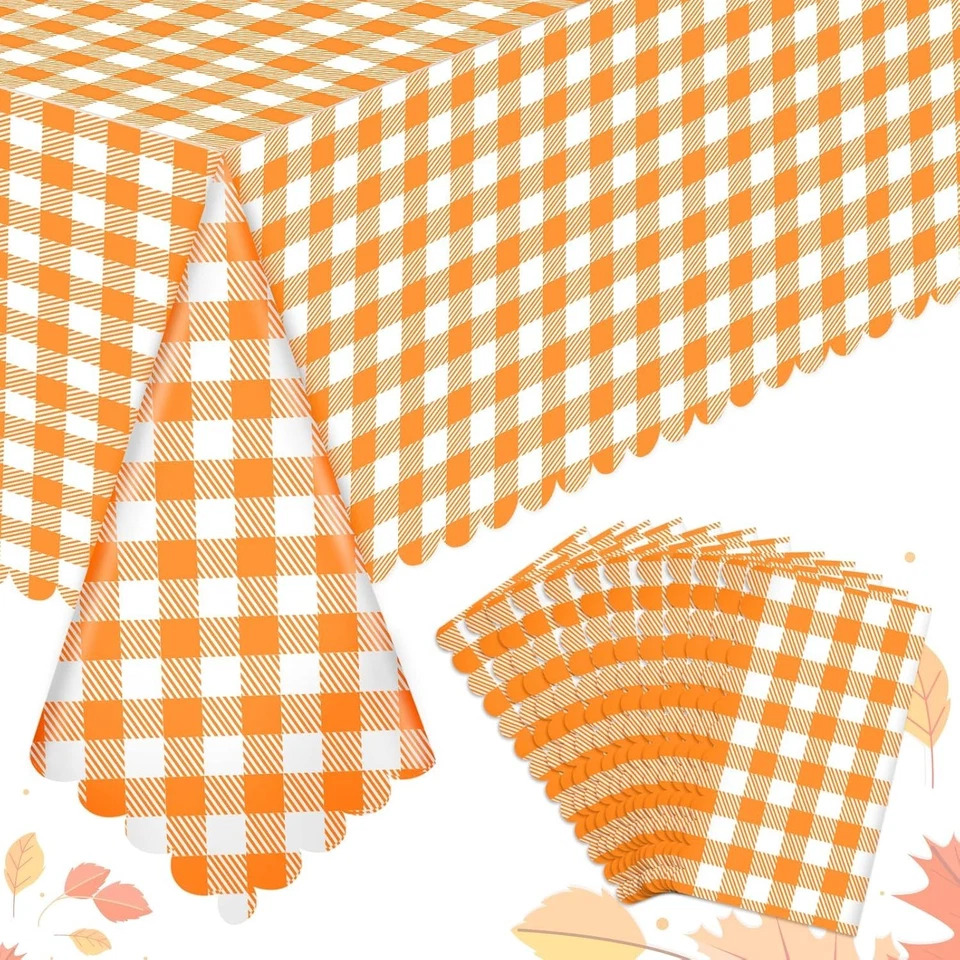 12 Pack Fall Orange Gingham Tablecloth, 54 X 108Inch Plastic Orange Checkered .. - Image 1 of 4