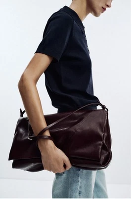 Zara 2025 Luxury Large Coated Flap Clutch Bag with Strap - Burgundy Red - Image 1 of 4