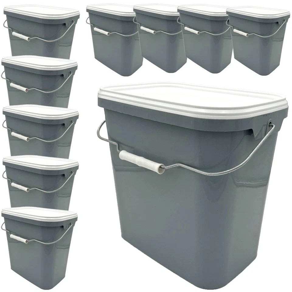 10 Eimer rechteckig mit Deckel Tragegriff 11 L grau weiß Leereimer Metal Plastik - Bild 1 von 4
