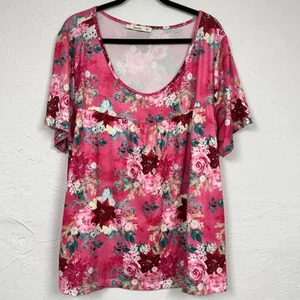 Sakurafina rosa Blumen Kurzarm T-Shirt Damen 2X Boho romantisch Bluse - Bild 1 von 9