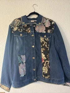 Chico’s Women’s Denim Jacket Stretch Floral Art Sz 3 (16-18) - Picture 1 of 16