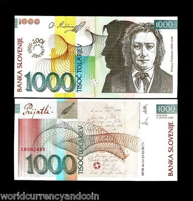 SLOVENIA 1000 TOLAR P-26 2001 COMMEMORATIVE UNC POEM DRINK TOAST EURO BANK NOTE - Image 1 of 4