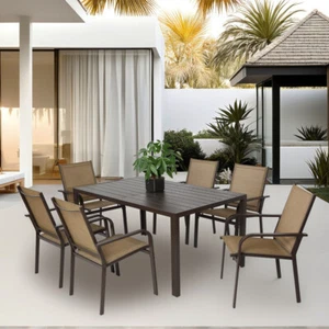 Outdoor Dining Set - 6 Stackable Textilene Chairs & 1 Table - Patio Garden - Picture 1 of 12