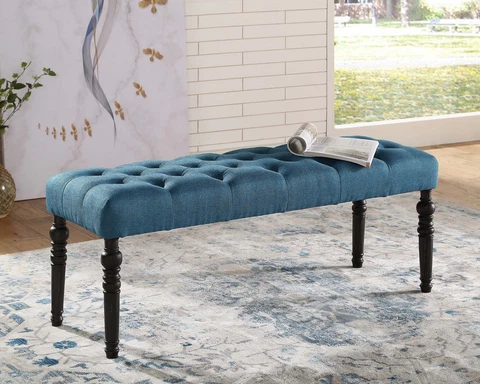 Leviton Fabric Tufted Turned Leg Dining Bench, Blue Cover