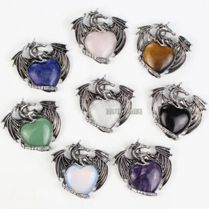 8pcs Mixed Natural Stone Heart Wyvern Wivern Pendant Beads Reiki Healing Amulet - Picture 1 of 6
