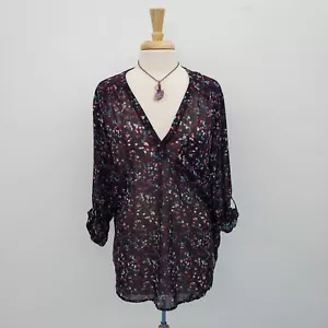 Maurices Colorful Polka Dot V-Neck Sheer Blouse Top Size 2 Roll Tab Sleeve - Picture 1 of 16