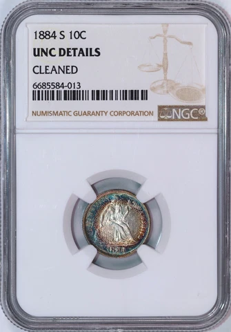 1884-S Seated Liberty Silver Dime | NGC UNC Details Cleaned | Nice Blue Toning Cover