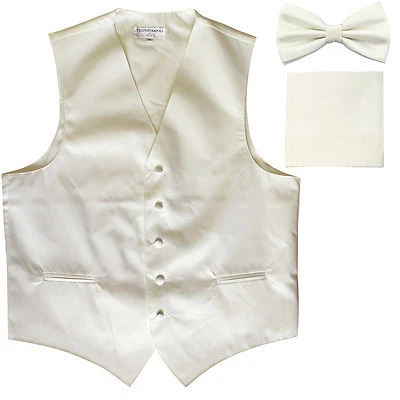 New Men's formal vest Tuxedo Waistcoat_bowtie & hankie set cream wedding prom - Image 1 of 4