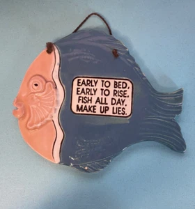 VTG SMOKEY MOUNTAIN POTTERY Fish Shape Fishing Joke 8.5" x 6" EUC Blue terra Cot - Picture 1 of 4