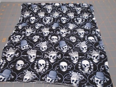 Crown Skull Fabric 26 in x 44 in Black White Grey Gothic Style Tiaras Bowler Hat - Image 1 of 3