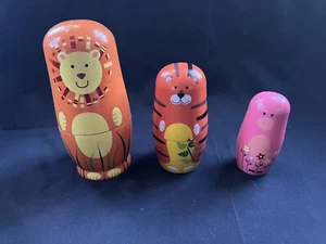 Wood Animal Nesting Dolls Set 3 Pieces Lion Tiger Pig - Picture 1 of 5