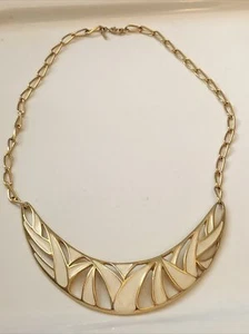Ivory Enamel Gold Tone Bib Necklace Crescent Moon Cutout Signed Monet 17" - Picture 1 of 5