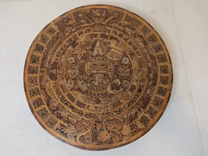 Vintage Wooden Aztec Mayan Mexico Calendar Hand Carved Inlay Wood Wall Art 12" - Picture 1 of 6