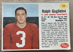 1962 Post Cereal Football Card #158 Ralph Guglielmi SP EX - Picture 1 of 2