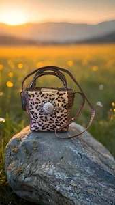 Raviani Bucket Bag Leopard Kalbsleder & braunes Krokodilleder mit Kristall Concho - Bild 1 von 7