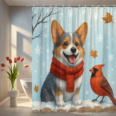 Linda Cortina de Ducha Corgi con Copos de Nieve y Diseño Cardinal Foto 1 de 4