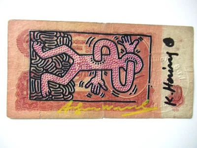 A. WARHOL / K. HARING: 10 RUBEL ORIGINAL BEARBEITET, "2x SIGNIERT, STEMP. 1987 - Bild 1 von 4