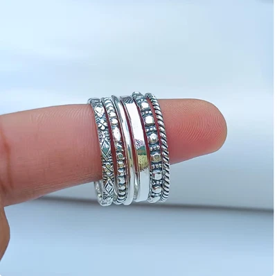 Sterling Silver Stacking Ring Set: Beaded, Twisted, Dotted BandsAll Size - Image 1 of 4