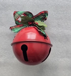 Vintage Holiday Christmas Metal Red Bell Ornament Holly Plaid Ribbon no hanger - Picture 1 of 3