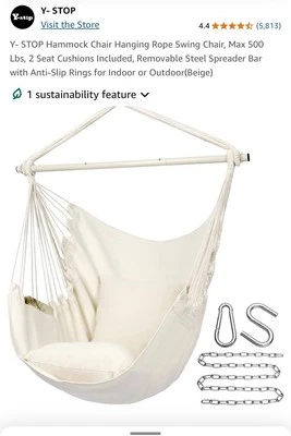 Y-STOP Rope Hanging Chair Swing with 2 Cushions - Beige - Image 1 of 4