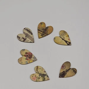 6 Wooden Heart Shaped Buttons Paris France Romantic Eiffel Tower Floral Craft - Picture 1 of 3
