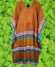 Orange blue Printed Boho Kaftan Dress Beach Coverup Lightweight Resort Wear 2XL