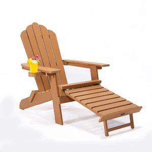 TALE Folding Adirondack Chair Pullout Ottoman with Cup Holder Poly Lumber BROWN - Picture 1 of 15