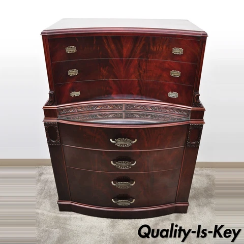 Vtg Chinese Chippendale Flame Mahogany Bowed Front Tall Chest on Chest Dresser Cover