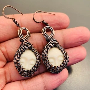 Carved Style Face Handmade Copper Wire Wrapped Earrings Jewelry - Picture 1 of 1