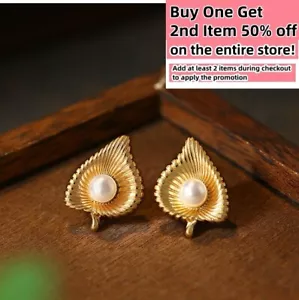 Pearl Earrings Leaf Minimalist Dainty Gemstone 18K Gold Plated Ins Retro Style - Picture 1 of 6