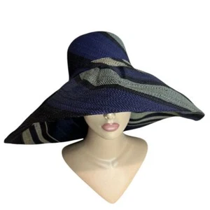 Women's Summer Floppy Folding Stripe 7" Wide Brim Cap 100% Raffia Sun Beach Hat - Picture 1 of 8